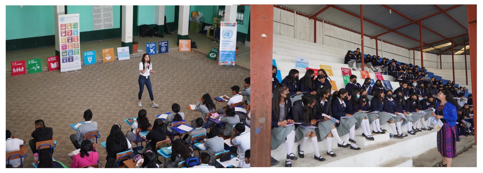 Foto izquierda; Sofía Posadas en Instituto El Manzanillo, San Lucas Sacatepéquez - 09 de mayo de 2023   -     Foto derecha; Lea Abac en INEBOO San Carlos Sija, Quetzaltenango - 06 de junio de 2023-