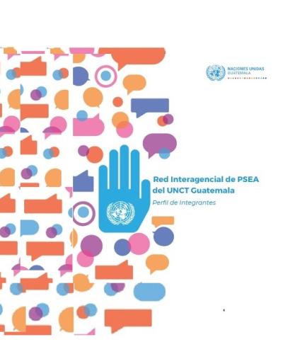 Carátula del folleto PEAS con la mano con el logo ONU y cuadros de diálogos de colores