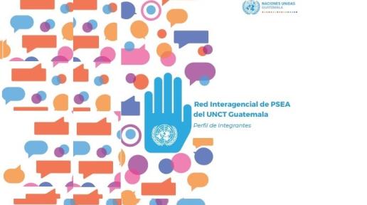 Carátula del folleto PEAS con la mano con el logo ONU y cuadros de diálogos de colores